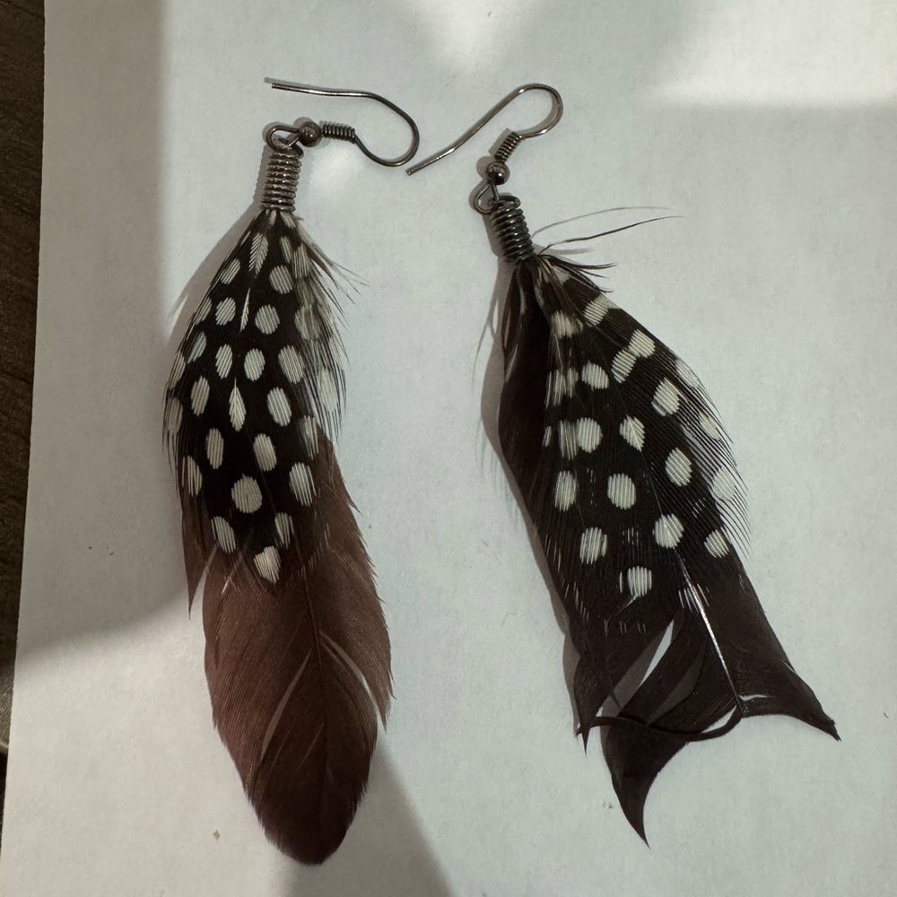 Brown and White Feather Earrings